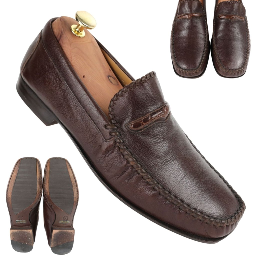 Vintage Exotic Crocodile And Calf Johnston Murphy Mens Brown Dress Shoes Loafers
